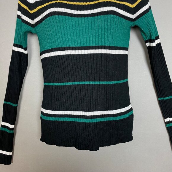 Express Ribbed Sweater Stripes Fitted Women Size Medium Teal Black Rayon Nylon - Picture 5 of 12